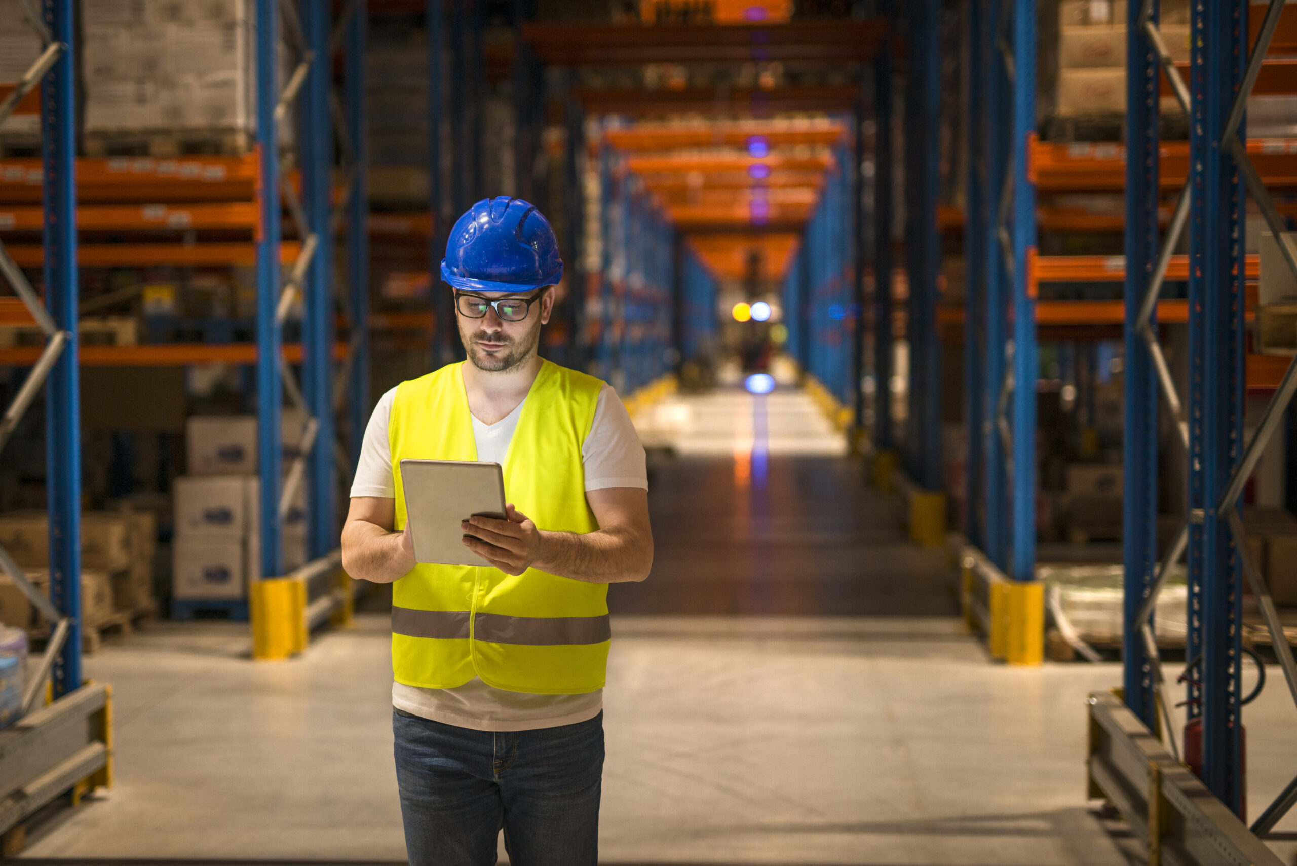 Funcionário de distribuidora consultando estoque em tablet em galpão moderno